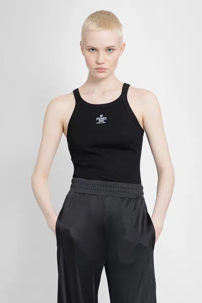 Fendi Ribbed Tank Top With Logo Embroidery In Black