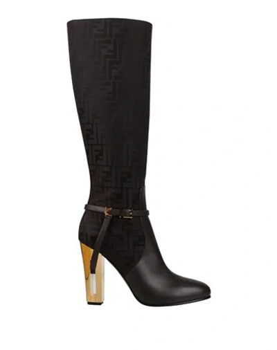 Fendi Woman Boot Dark Brown Size 7.5 Calfskin, Textile Fibers
