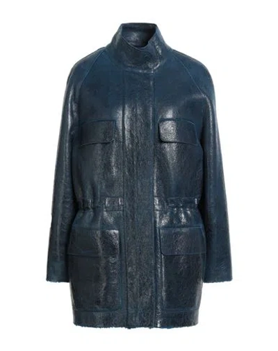 Fendi Woman Coat Deep Teal Size 6 Lambskin In Blue