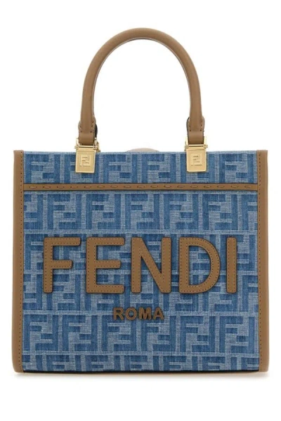 Fendi Woman Embroidered Denim Small Sunshine Shopping Bag In Multicolor