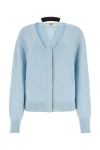 FENDI FENDI WOMAN MELANGE PASTEL LIGHT-BLUE STRETCH WOOL BLEND CARDIGAN