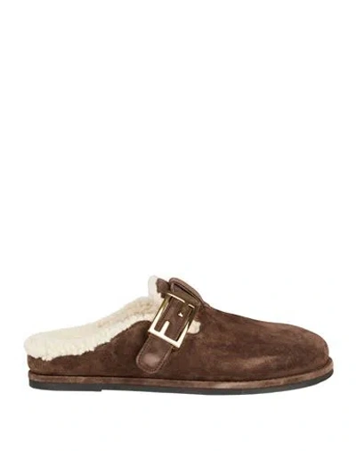 Fendi Woman Mules & Clogs Dark Brown Size 8 Shearling