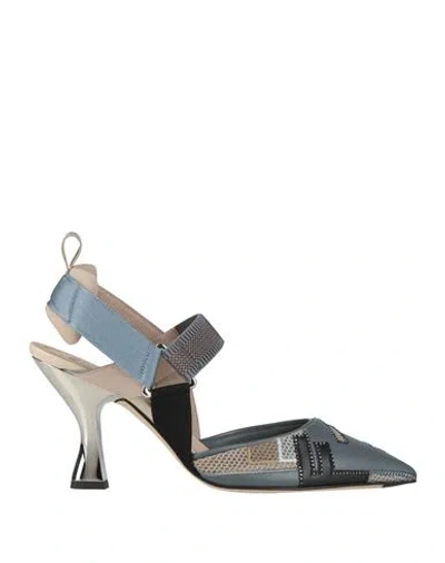 Fendi Woman Pumps Slate Blue Size 7.5 Leather, Textile Fibers