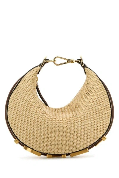 Fendi 'graphy Small' Beige Handbag With Metallic Lettering Logo On The Bottom In Macramé And Le