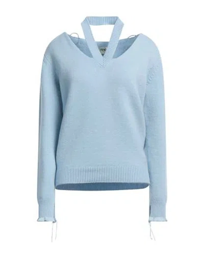 Fendi Woman Sweater Sky Blue Size 6 Cashmere, Polyamide, Cotton, Polyurethane