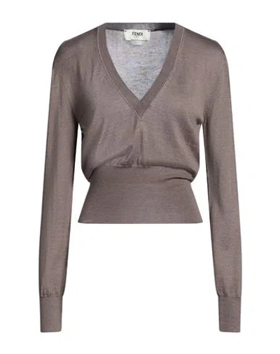 Fendi Woman Sweater Taupe Size 6 Cashmere, Silk, Polyamide In Gray