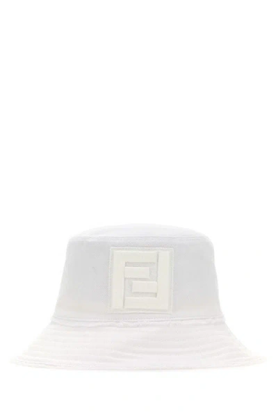 Fendi Woman White Denim Bucket Hat In Gray