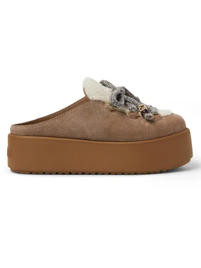 Fendi Apres Chic Shearling-lined Suede Platform Mules In Brown