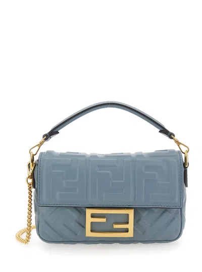 Fendi Women 'baguette' Blue Handbag With Chain-link Removable Shoulder Strap And All-over Embossed F