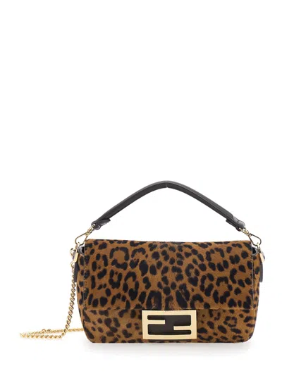 Fendi Women 'baguette' Brown Handbag With Removable Chain Shoulder Strap And All-over Leopard Motif