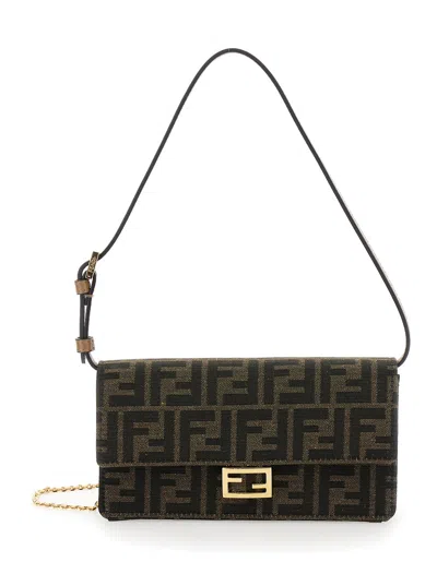 Fendi Women 'baguette' Brown Wallet On Chain With Ff Closure In Canvas Woman In Black