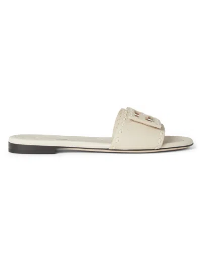 Fendi Leather Slippers Flat Sole Open Toe Studded Detail In Neutral