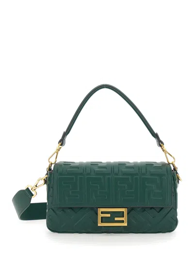 Fendi Women 'baguette' Green Shoulder Bag With Removable Shoulder Strap In Ff Canvas Woman