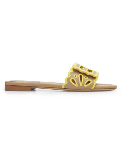 Fendi Baguette Light Brown Nappa Leather Slides In Yellow