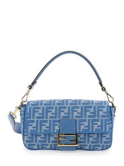 FENDI FENDI WOMEN 'BAGUETTE MEDIUM' BLUE SHOULDER BAG WITH ALL-OVER FF MOTIF AND FF LOGO PLAQUE ON THE FRO