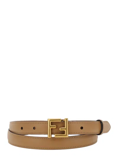 Fendi Women Beige Belt With Ff Buckle Closure In Leather Woman In Brown