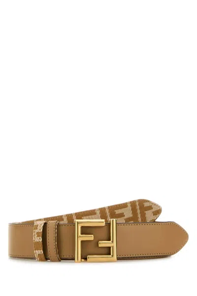 Fendi Women Beige Leather Ff Reversible Belt In Brown