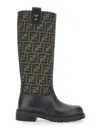 Fendi Women Black Boots With All-over Ff Motif And Side Lettering Logo In Leather And Fabric Woman In Black