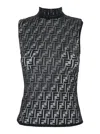 Fendi Women Black Crewneck Sleeveless Top With All-over Ff Motif And Rear Zip Closure In Tech Fabric In Black