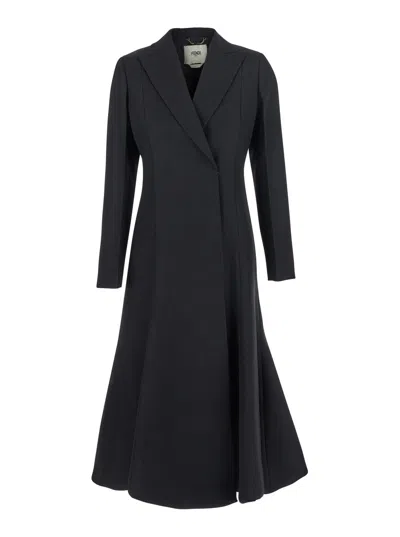 FENDI FENDI WOMEN BLACK FLARED DOUBLE-BREASTED COAT WITH PEAK REVERS IN WOOL WOMAN