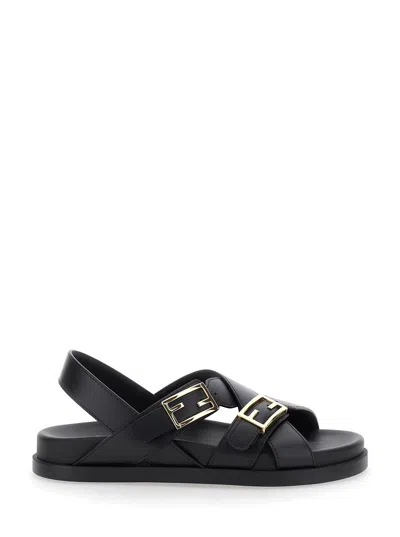 Fendi Women Black Singback Sandals With Ff Buckle Closure And Criss-crossed Straps In Leather Woman