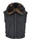Fendi Women Black Sleeveless Shearling Jacket With Buckled Spread Collar In Leather And Fur Woman In Black