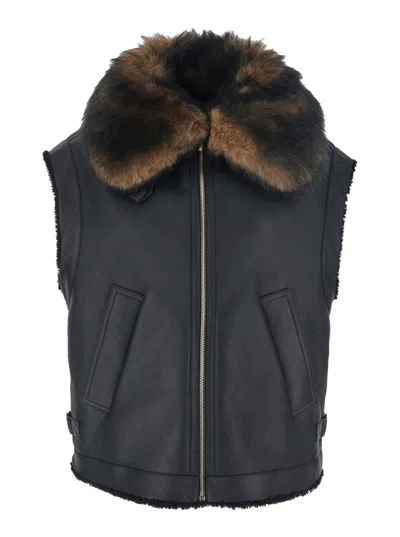 FENDI FENDI WOMEN BLACK SLEEVELESS SHEARLING JACKET WITH BUCKLED SPREAD COLLAR IN LEATHER AND FUR WOMAN