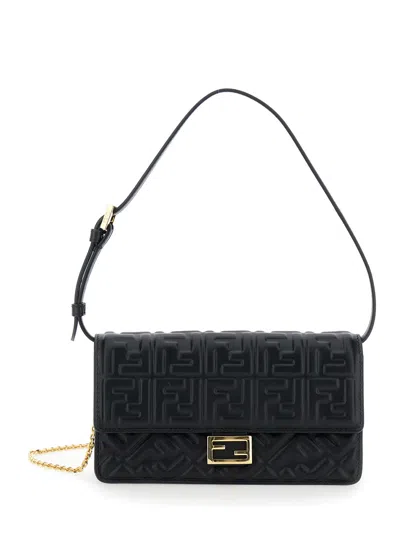 Fendi Women Black Wallet On Chain Baguette With All-over Ff Motif And Ff Plaque In Leather Woman