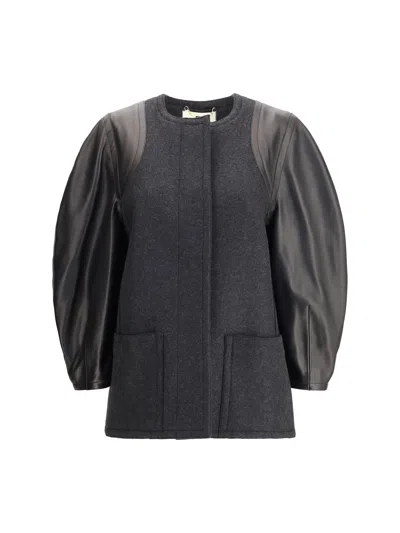 FENDI FENDI WOMEN BLOUSON JACKET IN MÉLANGE WOOL AND SOFT NAPPA LEATHER