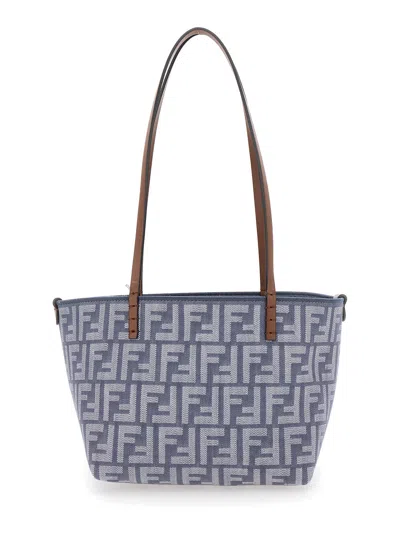 Fendi Women Blue Reversible Tote Bag With Two Top Leather Handles And All-over Ff Motif In Cotton Wo In Purple