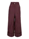 Fendi Women Bordeaux Pants With Ff Buckle Belt And Maxi Turn-up Hem In Silk Woman In Burgundy