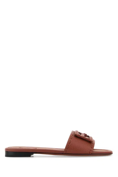 Fendi Women Brick Leather Baguette Slippers In Brown