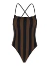 Fendi Women Brown And Black One-piece Swimsuit With Ff And Stripe Motif In Stretch Fabric Woman In Neutral