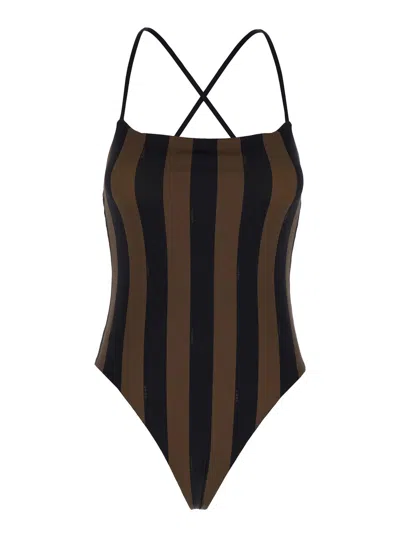 Fendi Women Brown And Black One-piece Swimsuit With Ff And Stripe Motif In Stretch Fabric Woman In Multi