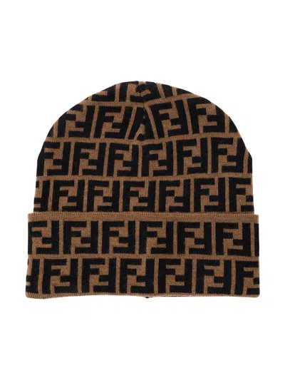 Fendi Women Brown Beanie With All-over Ff Motif In Wool Woman