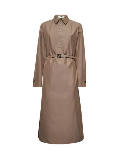 Fendi Women Brown Cotton And Silk Canvas Shirt Dress