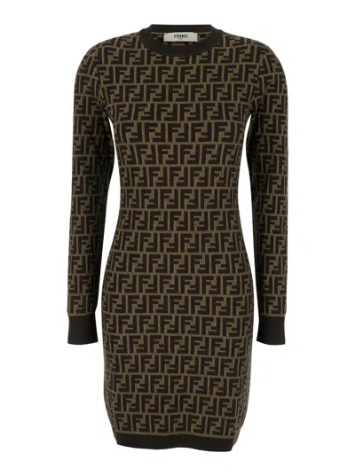 Fendi Women Brown Crewneck Short Dress With All-over Ff Motiv In Cotton Woman In Black
