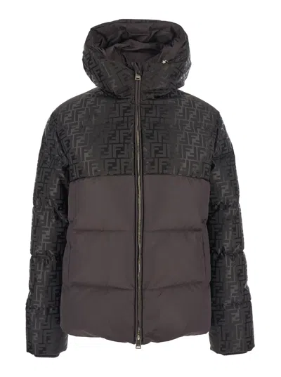 FENDI FENDI WOMEN BROWN DOWN JACKET WITH DRAWSTRING HOOD AND FF MOTIF IN TECH FABRIC WOMAN