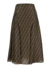Fendi Women Brown Flared Midi Skirt With All-over Ff Motif In Silk Woman In Multi