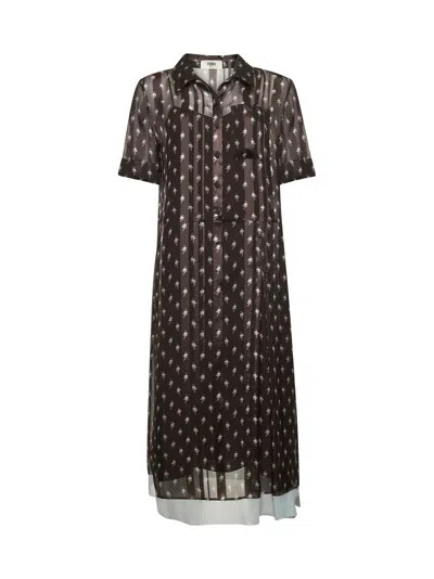 Fendi Women Brown Floral Chiffon Shirt Dress In Multi