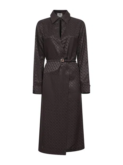 FENDI FENDI WOMEN BROWN JACQUARD FF SILK MIDI SHIRTDRESS