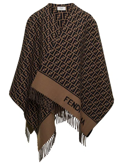 Fendi Women Brown Poncho With All-over Ff Motif And Logo Lettering Detail In Wool And Cashmere Woman