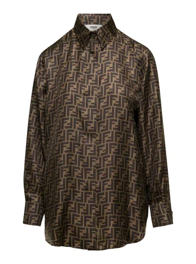 Fendi Women Brown Shirt With Ff Print In Silk Woman In Green