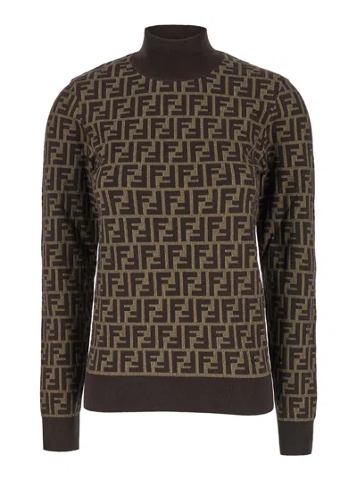 FENDI FENDI WOMEN BROWN T-SHIRT WITH LONG SLEEVES AND ALL-OVER FF MOTIV  IN COTTON WOMAN