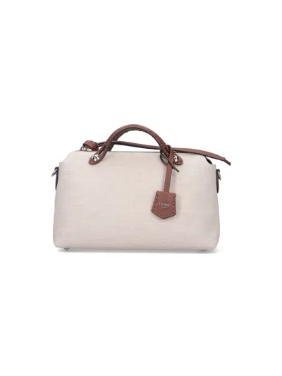 Fendi Women's Calf Leather Shoulder Bag With Natural Linen-cotton Texture In White