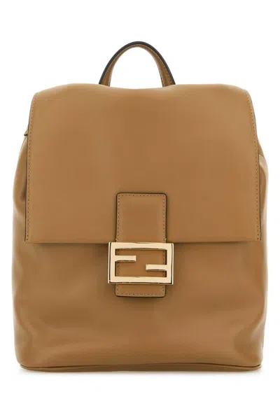 Fendi Women Camel Leather Backpack In Brown