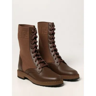 Fendi Women Camel Rockoko Leather Combat Boots/booties In Brown