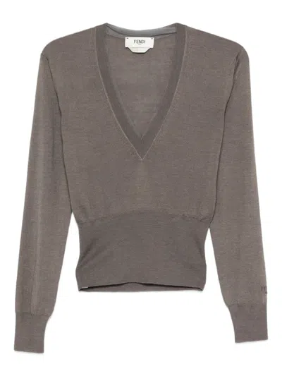 Fendi Women Cashmere V-necked Sweater In Brown