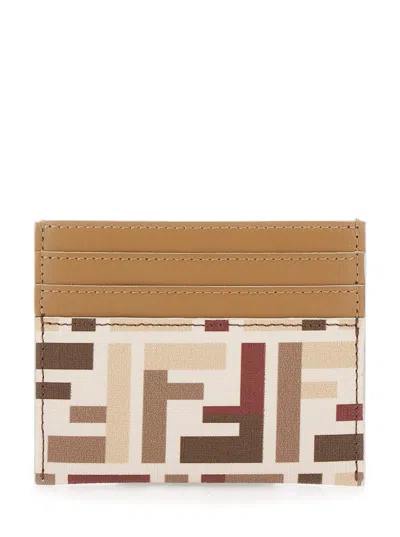 FENDI FENDI WOMEN BEIGE CARD HOLDER WITH ALL-OVER FF MOTIF IN FABRIC WOMAN
