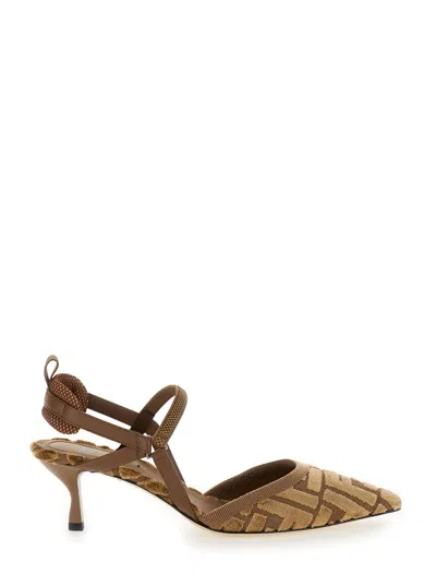 Fendi Women 'colibrì Lite' Brown Mule With Ff Motif And Padded Back Strap In Velvet And Leather Woma
